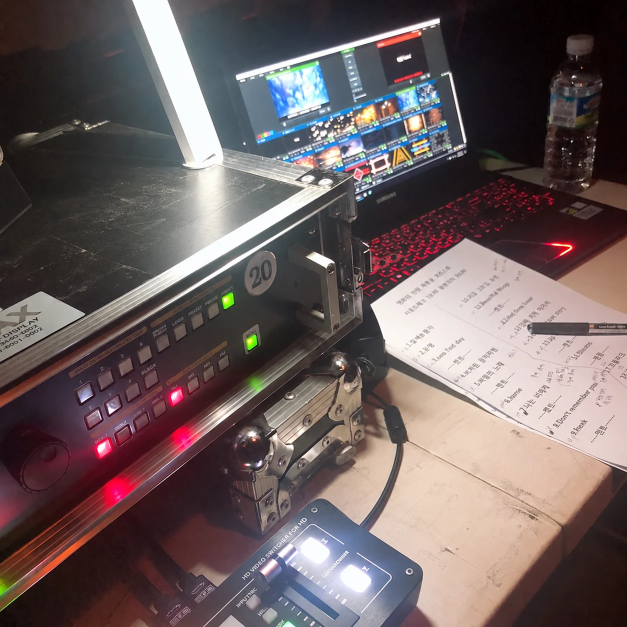 Backstage video equipment, laptop and cue sheet